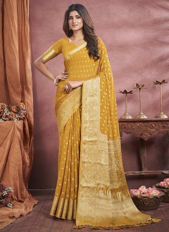 Pure Georgette Yellow Festival Wear Weaving Saree